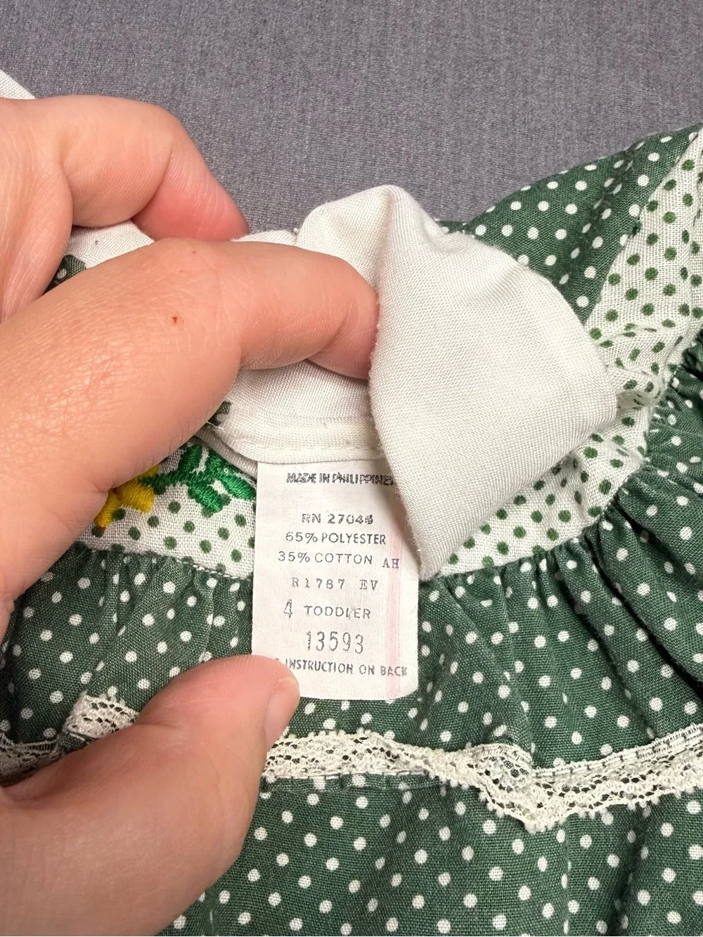 Vintage Girls Green Polka Dot Ruffle Blouse with Embroidered Collar